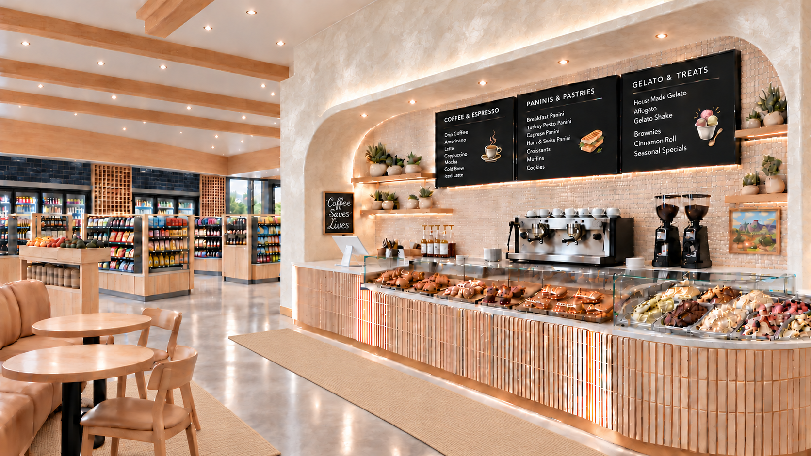 SHS Ranch café concept with white Venetian plaster, light oak shelves, fresh pastries and paninis, a white Clover register, and a Coffee Saves Lives chalkboard