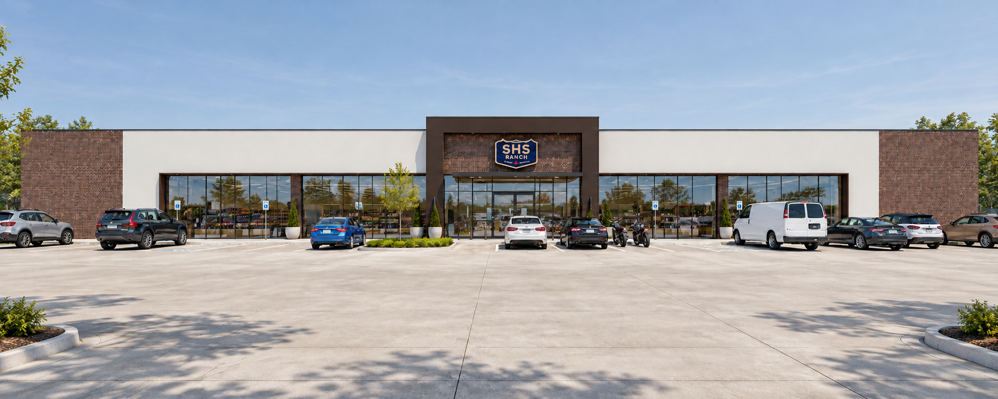 Daytime architectural visualization of the SHS Ranch storefront