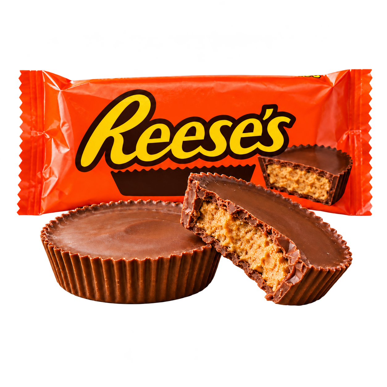 Chocolate peanut butter cups and orange wrapper