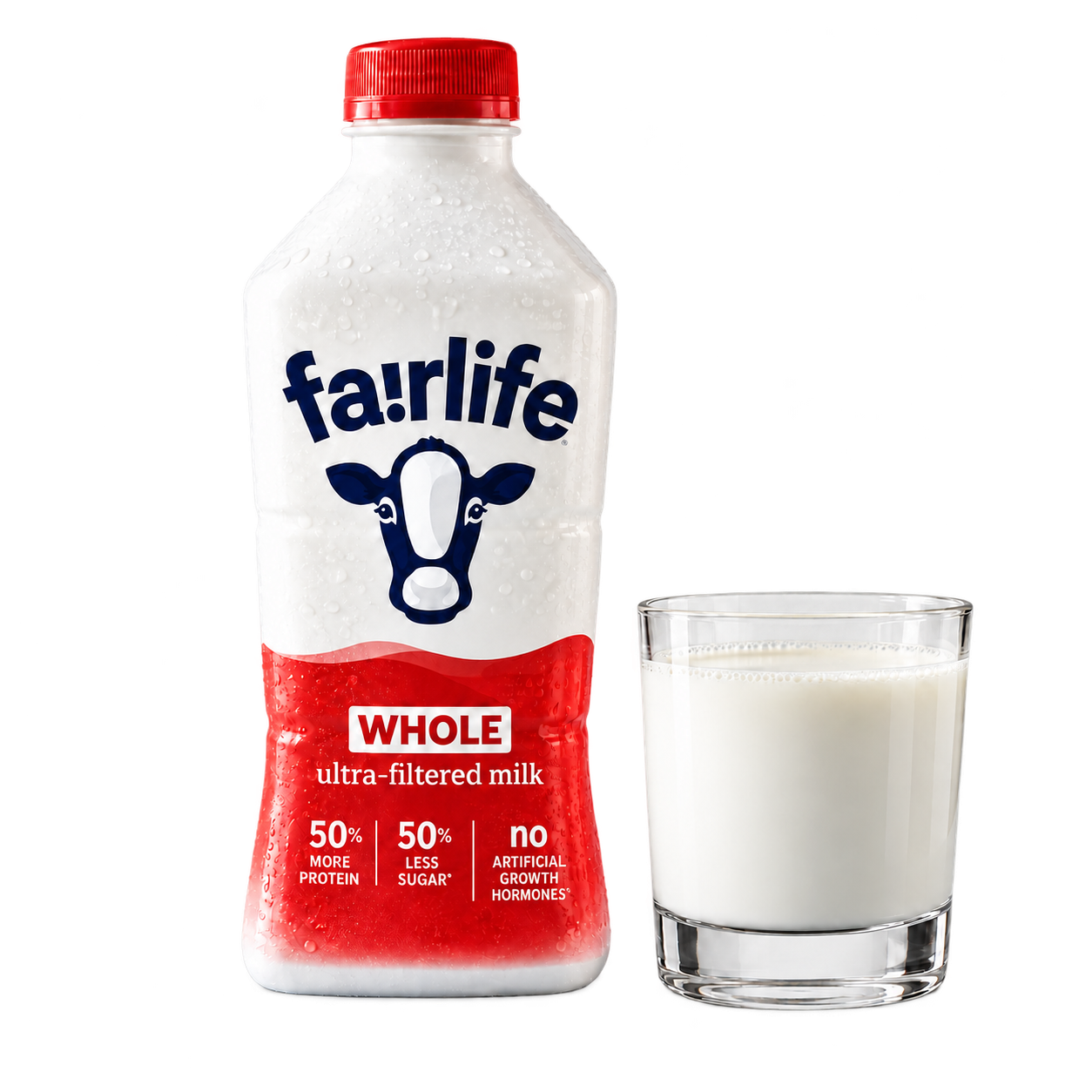 Chilled fairlife milk and a glass of milk